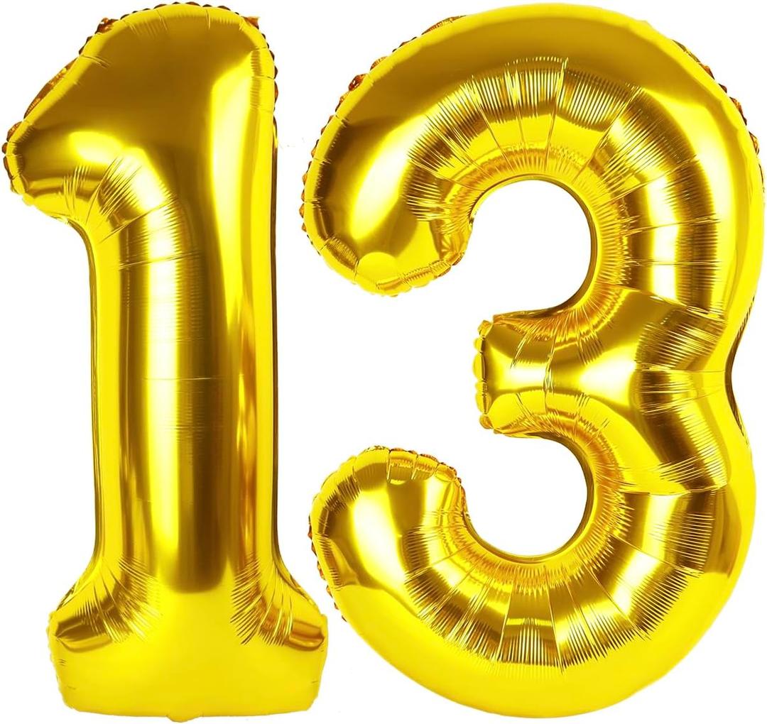 Gold Number 13 Balloon 40 inch, 13 Number Balloons, 13th Gold Birthday Decorations, 13 Year Old Girls Boys Golden Party Supplies
