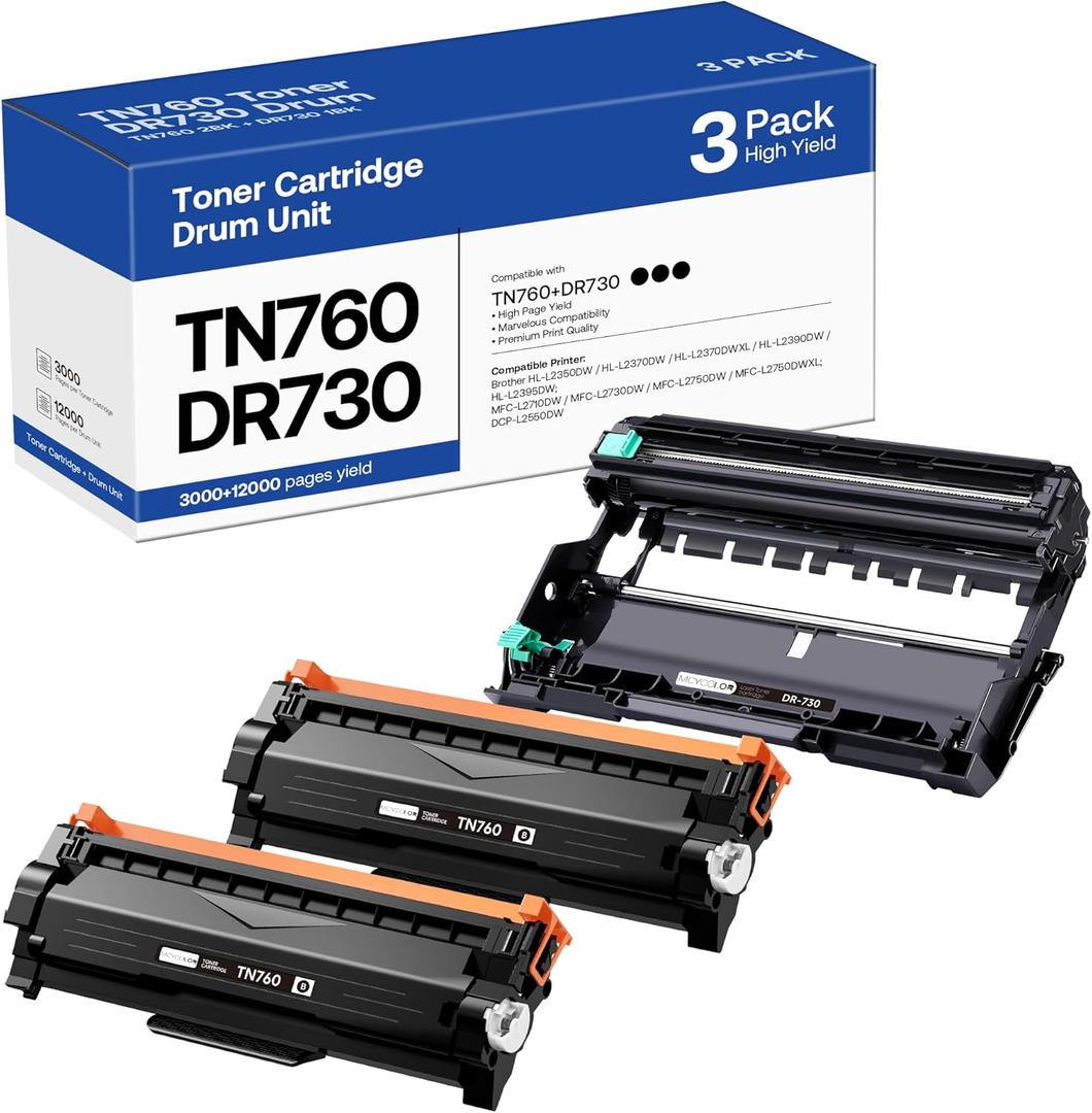 TN760 Toner Cartridge and DR730 Drum Unit Replacement for Brother TN 760 TN-760 TN730 DR-730 to use with MFC-L2710DW MFC-L2750DW HL-L2370DW DCP-L2550DW Printer (2 Toners, 1 Drum Unit, 3 Pack)