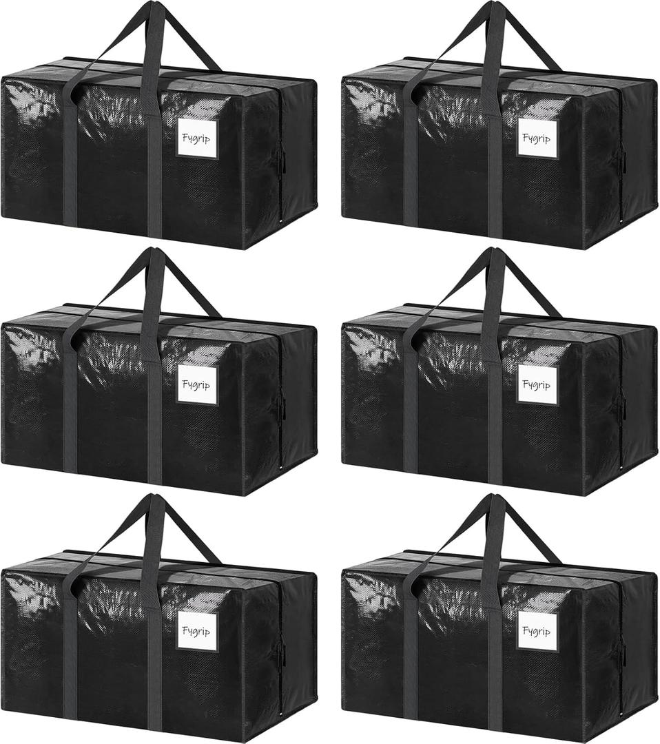6 Pack Extra Heavy Duty Large Moving Bags with Strong Zipper & Comfortable Handles, Sturdy & Durable Clothes Storage Bags Totes Bins, Packing Moving Boxes for College Supplies, Black, 23 Gallon