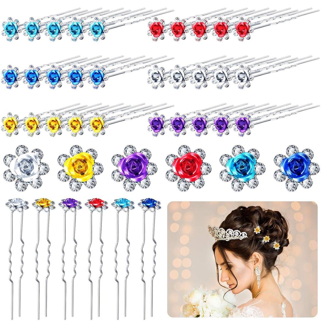 Chuangdi 30 Pieces Rhinestone Hair Pins Bridal Wedding Crystal Clips Rose Flower Crystal U Shaped Bobby Pins Decorative Hairpin Accessories Jewelry Barrette for Bride Women Bridesmaids