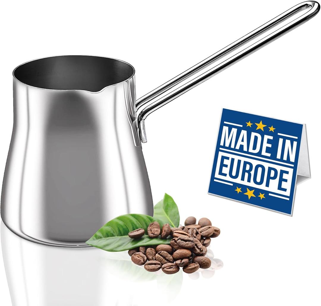 Crystalia Turkish Coffee Pot 18/10 Stainless Steel, Stove Top Tea Maker, Milk Warmer, Greek Arabic Coffee Cezve Briki, 29 oz (Silver, Large)