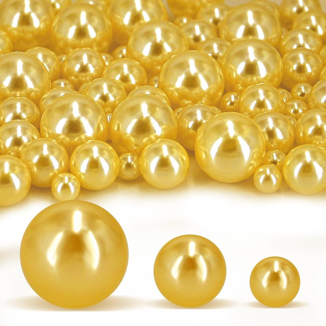 180PCS Gold Beads for Centerpieces Vases, No Hole Polished Pearl Makeup Beads Mixed 8/14/20mm Sizes, Pearl Vase Fillers Table Scatters for Party Wedding Decor 