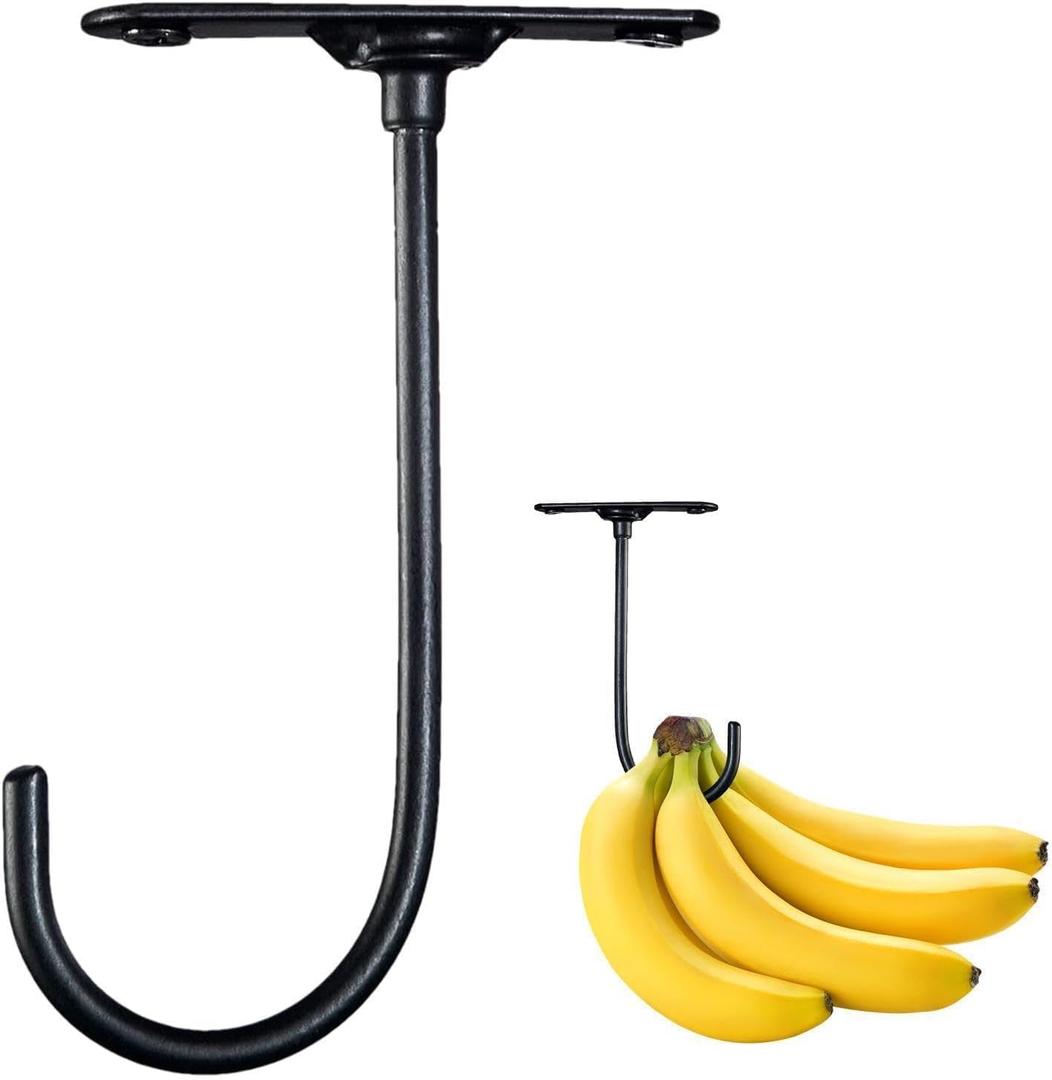 3 x Black Banana Hook Under Cabinet - Metal Banana Holder Hook, Foldable Under Cabinet Banana Hook | Folds Up with Magnets When Not in Use, Pre Drilled Holes and Strong Adhesive Tape Design(ZS450)