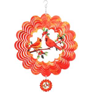 Cardinal Wind Spinner, 3D Bird Spinners with Holly Outdoor Metal Art, Stainless Steel Large Spinning Ornament, 12in Red Hanging Spinners for Yard and Garden Decor, Orange Spinfinity