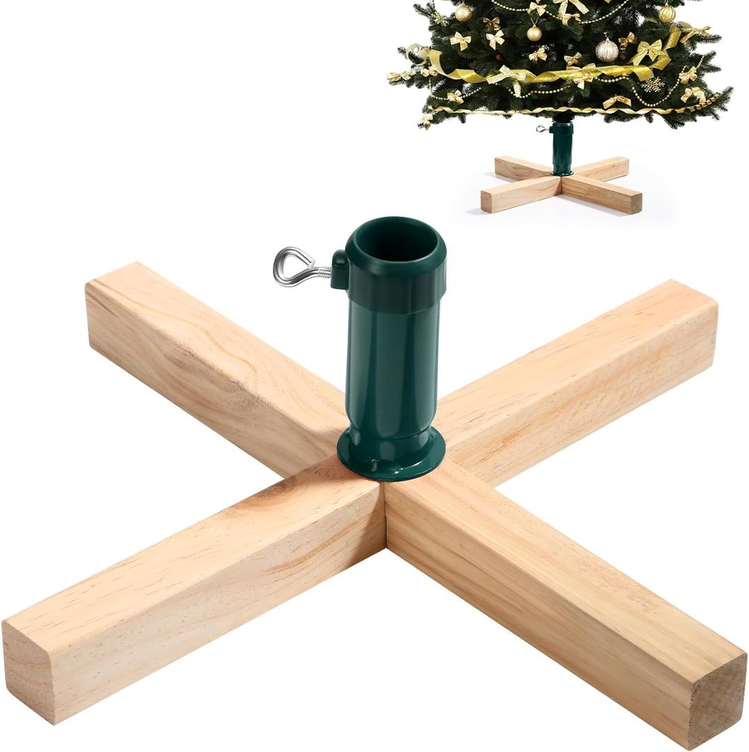 Soaoo Wood Christmas Tree Stand 15.7 Inch Replacement Xmas Tree Stand Base Stable Fake Christmas Tree Base with Thumb Screw Adjustable Fits 0.5 to 1.26 Inch Tree Pole for Artificial Tree (Green Pole)