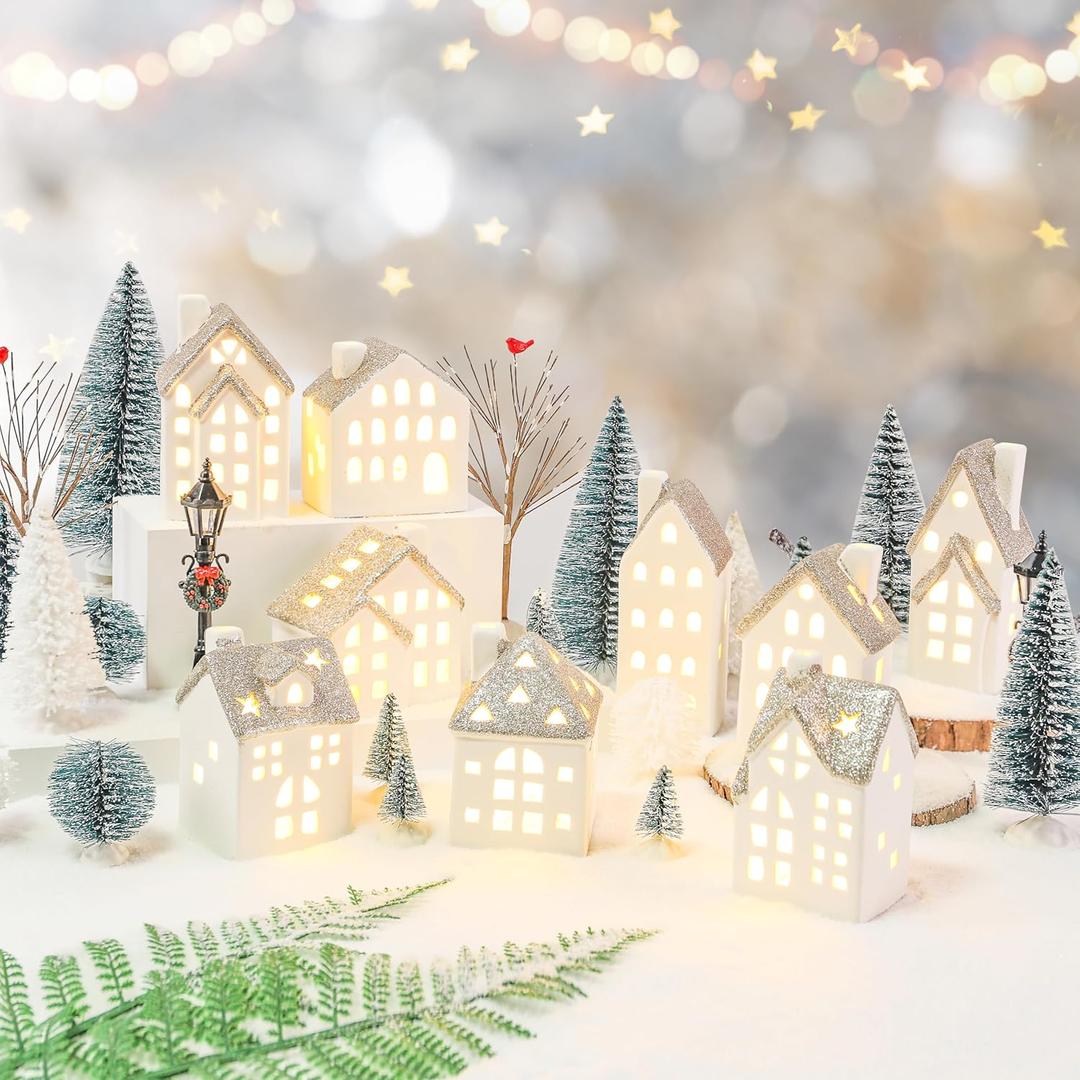 29Pcs Ceramic Christmas Village Set with Tea Light Pine Trees Xmas Street Lamp White Porcelain House Mantle Tabletop Christmas Decoration(Built in LR44)