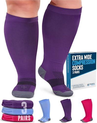 Doctor's Select 3 Pairs Plus Size Compression Socks Wide Calf | 20-30 mmHg Compression Socks for Women Wide Calf | Pink, Purple, Blue 2XL