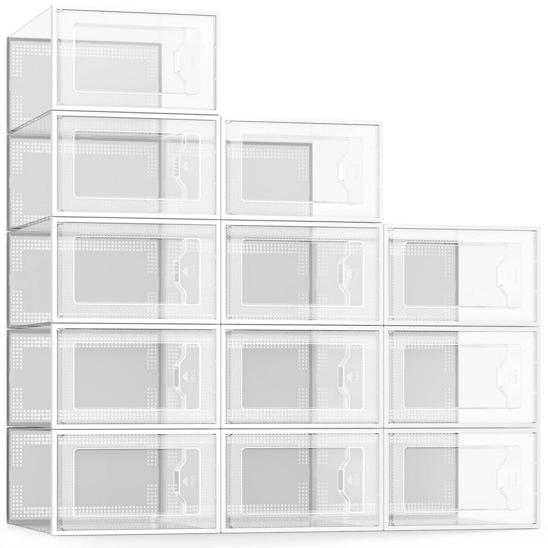 SEE SPRING XLarge Shoe Storage Box Fit Size 11, Clear Plastic Stackable Shoe Organizer for Closet, Space Saving Foldable Shoe Rack Sneaker Container Bin Holder, 12 Pack Clear