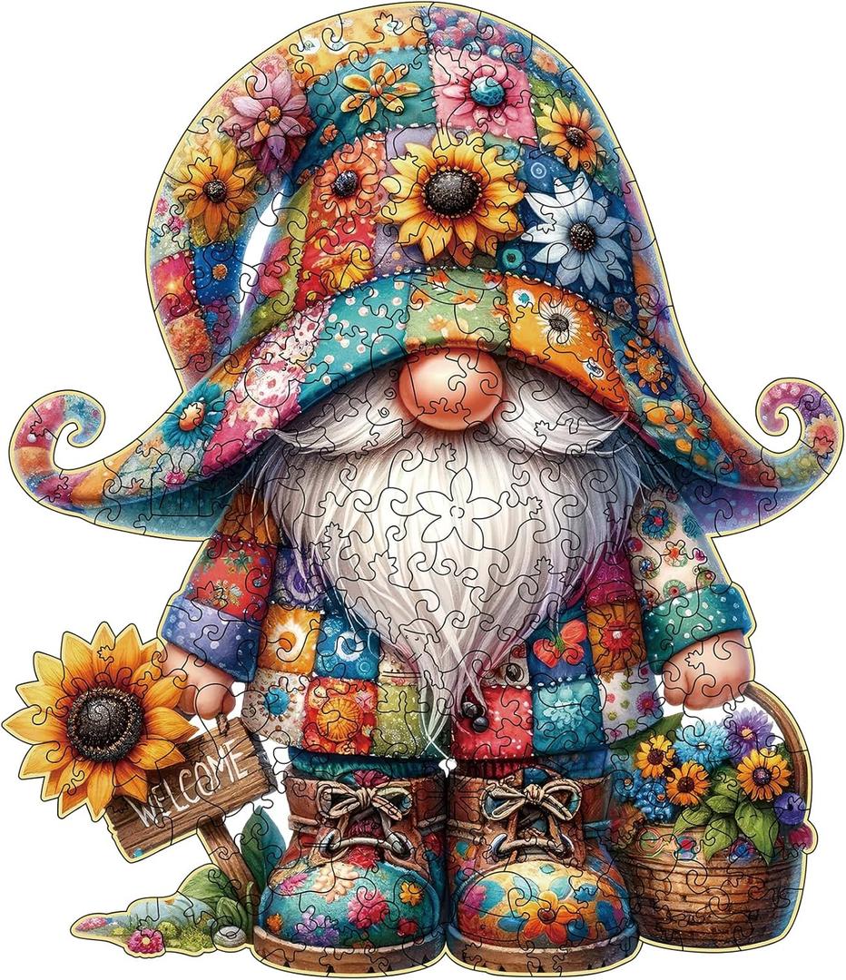 Wooden Jigsaw Puzzles, Gnome Wooden Puzzles for Adults with Unique Shape, Medium 10.3"x11.8" Wooden Puzzles with Exquisite Wooden Box Packaging (200 pcs)