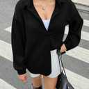 Fisoew Womens Oversized Button Down Shirts Textured Collared Long Sleeve Shacket Casual Fall Blouses Tops (Medium, Black)