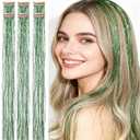 Green Hair Tinsel,Clip In,Heat Resistant,24Inch 80 Strands per Piece, Fairy Hair Strands for St. Patrick Party Cosplay Halloween New Year Cute for Women Adults