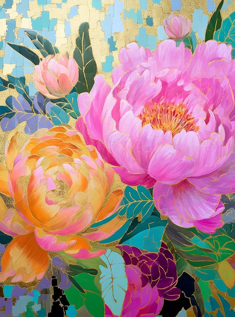 Cross & Glory - Golden Peony Dreams - 1000 Piece Jigsaw Puzzle for Adults | Vibrant Mosaic-Inspired Artwork with Gold Leaf Details | Premium Quality