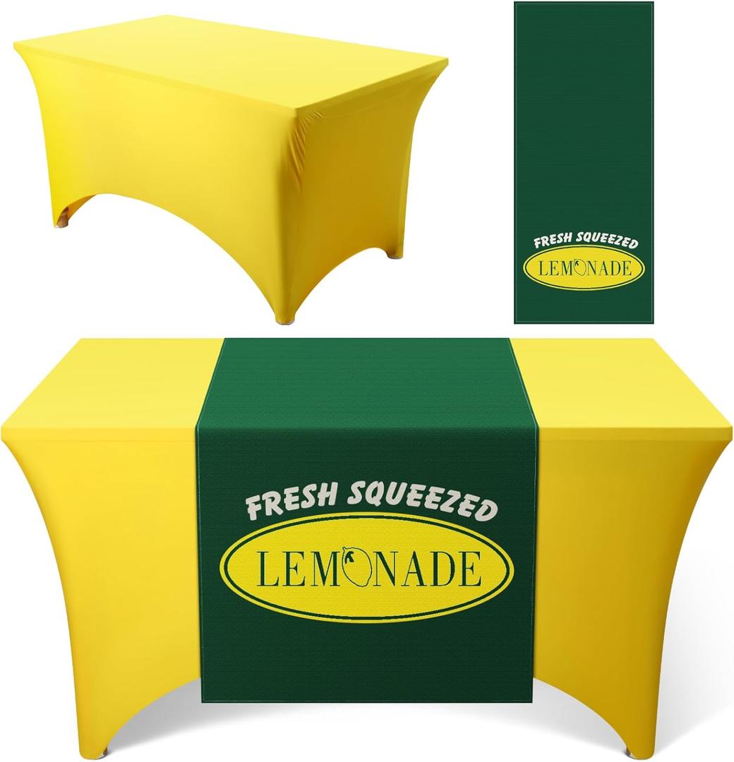 Oudain Lemonade Stand Tablecloth with Table Runner, 6ft Stretch Spandex Lemonade Stand Table Cover Summer Party Tablecover for Lemon Theme Birthday Party Supplies(Yellow)