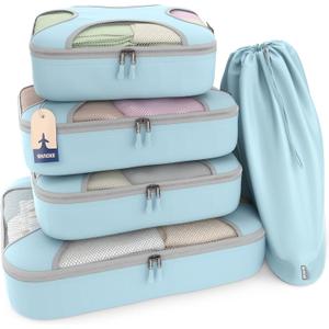 Shacke Premium 5 Packing Cubes Set - Lightweight Mesh Travel Luggage Organizers with Laundry Bag, 5-Piece Suitcase Storage System (Sky Blue)