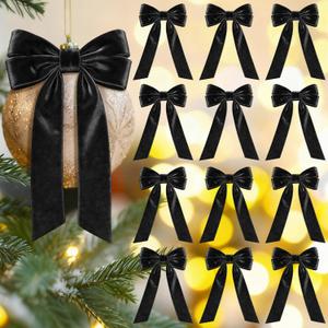 Aneco 12 Pcs Velvet Bows Christmas Ribbon Bow Tree Ornaments Vintage Xmas Bows for DIY Crafts Gift Wrapping Hair Garland Wreath Floral Holiday Door Decorations (9 x 13 Inch, Black)