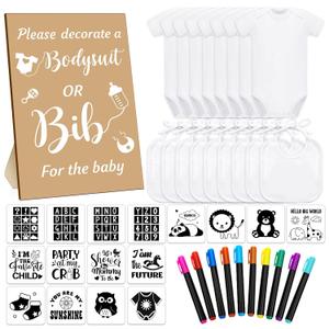 Chuarry 43 Pcs DIY Baby Bibs Decorating Kit 8 Bodysuits 8 Pcs 2 Ply White Bibs 10 Fabric Markers 16 Stencils Baby Shower Sign