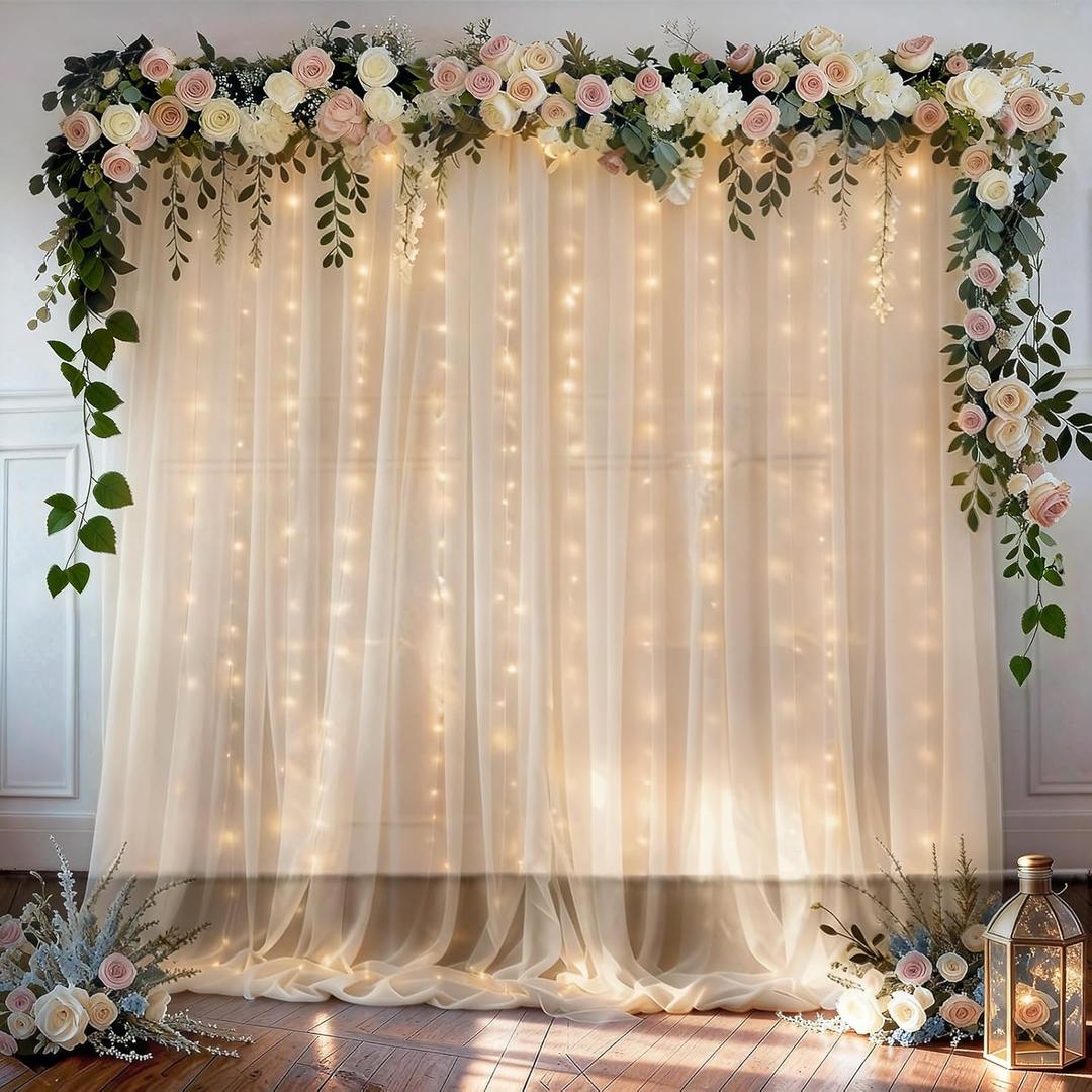 EMART Champagne 10x10ft Tulle Backdrop Curtains with Lights String,Sheer Backdrop Curtains for Wedding, Baby Shower,Photoshoot, Birthday Party Decoration (1010FT)