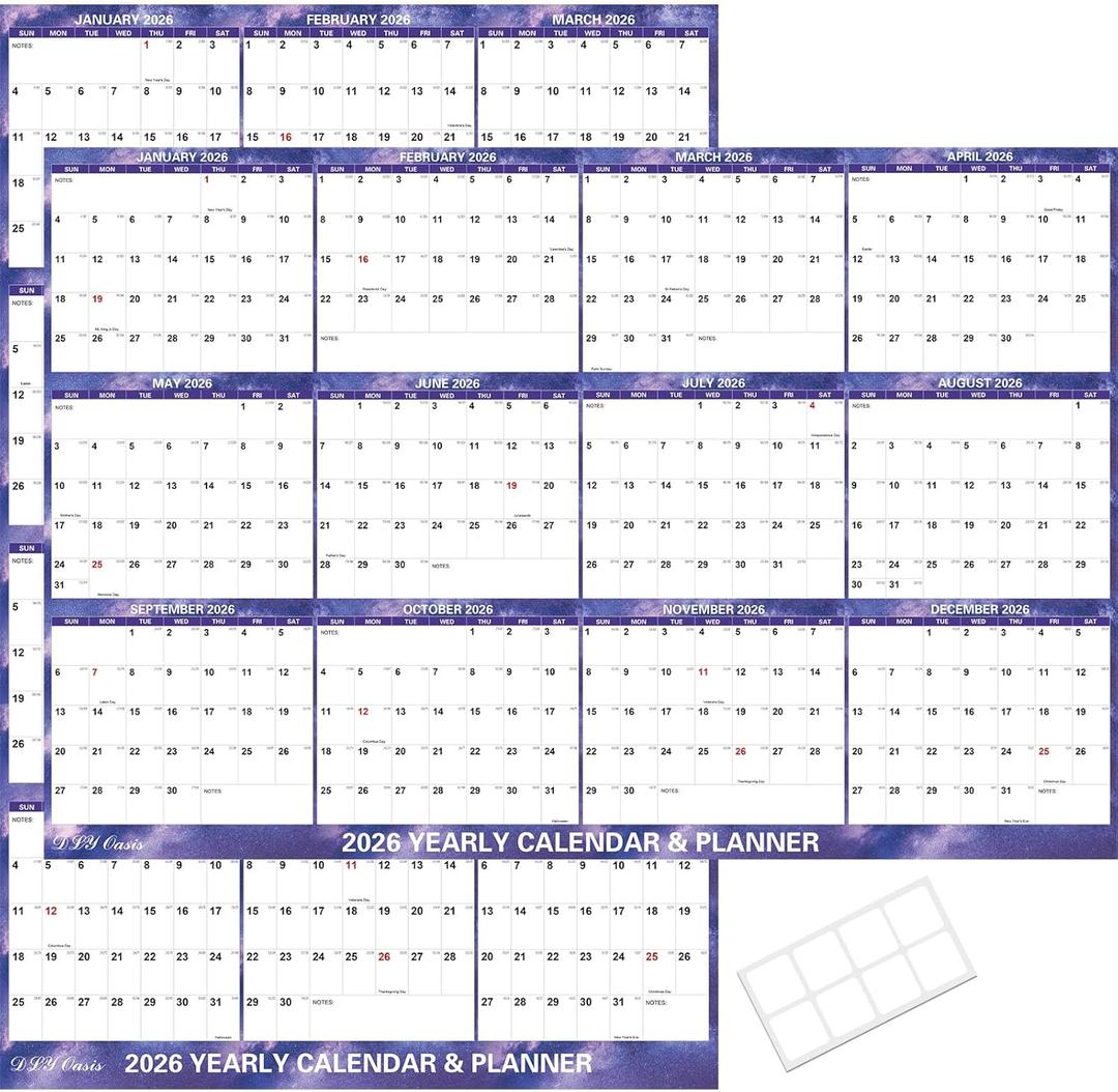 24" x 36" 2026 Wall Calendar Dry Erase - Folded Large Starry Sky Wall Calendar 2026, Wet & Dry Erasable, Laminated 12-Month Annual Yearly Planner, Reversible, Horizontal/Vertical, Purple