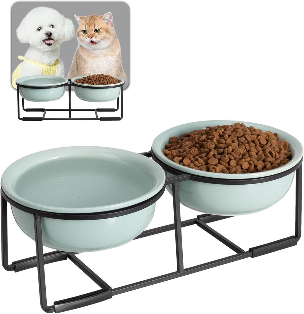 Ceramic Elevated Dog Bowl Set - Double Dog Food and Water Bowls with Metal Stand - Raised Pet Dishes for Puppies and Cats - 1 Cup - 13.5 fl oz - Green