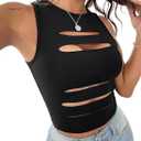 LovelyWholesale Women Sexy Cut Out Crop Tank Tops Crew Neck Summer Sleeveless Top
 XL Black 