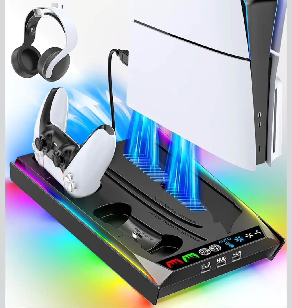 Rysker PS5/Slim/Pro Stand, PS5 Cooling Station Builtin 3Level Cooling Fan & Fast Charger for Disc & Digital, PS 5 Accessories with Safety Screw and Headset Holder