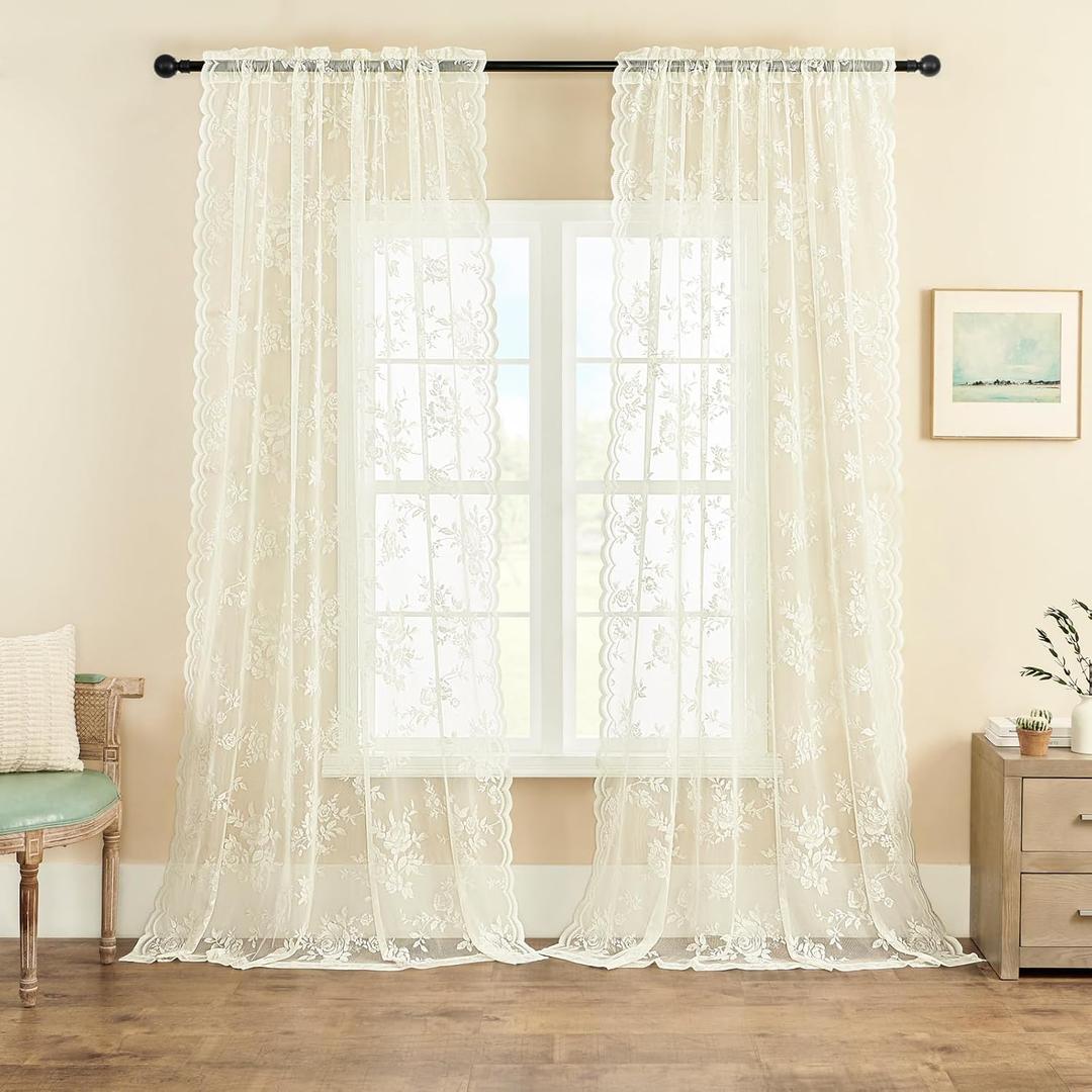 Lace Sheer Curtains 90 Inches Long 2 Panels Victorian Cream Floral Curtains for Dining Room Bedroom Rod Pocket Light Filtering Shabby Chic Curtains for Window Drapes Living Room Decor, 52x90, Ivory