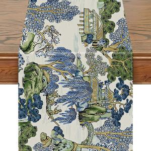 Snycler 13x48 Inch Table Runner Chinoiserie Vintage Style Mountain Spring Summer Table Runner, Seasonal House Trees Luxury Farmhouse Kitchen Dining Table Decoration for Home Party Decor