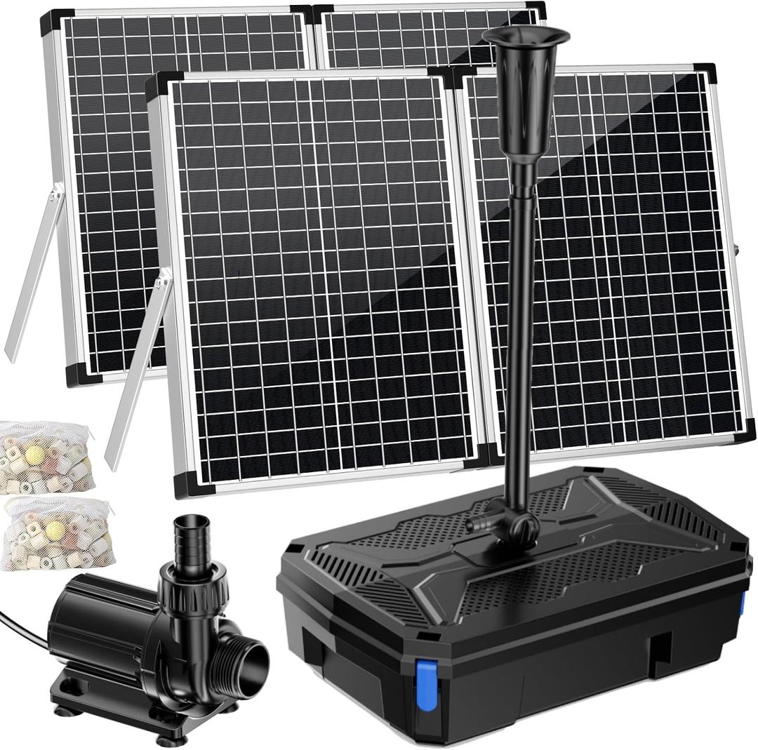 Antfraer 100W Solar Pond Filter with Water Pump, 1200GPH Solar Pond Filter with 3-Stage Filtration, Pond Filter Box with Filter Medias for Outdoor Ponds Fish Tank Waterfall Water Features