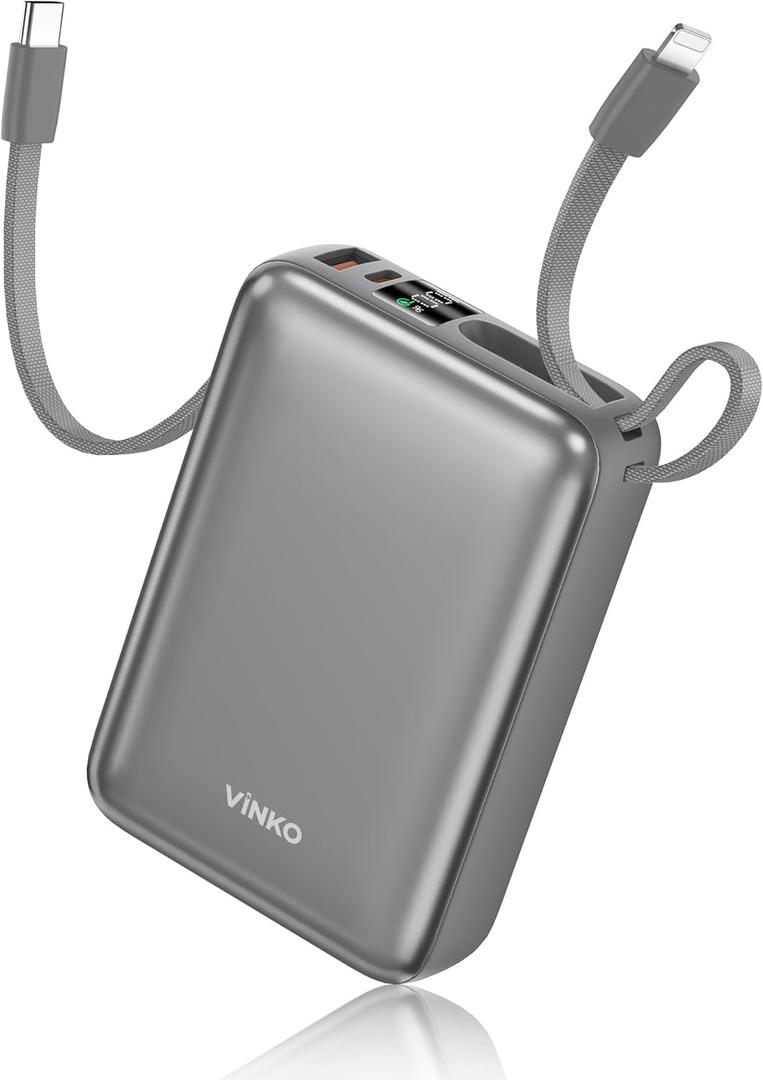 VINKO Portable Charger with Built in Cable Power Bank 22.5W 20000mAh Fast Charging USB C in & Out LED Display Phone Battery Pack Compatible with iPhone Samsung Android Phones Tablets (Gray)