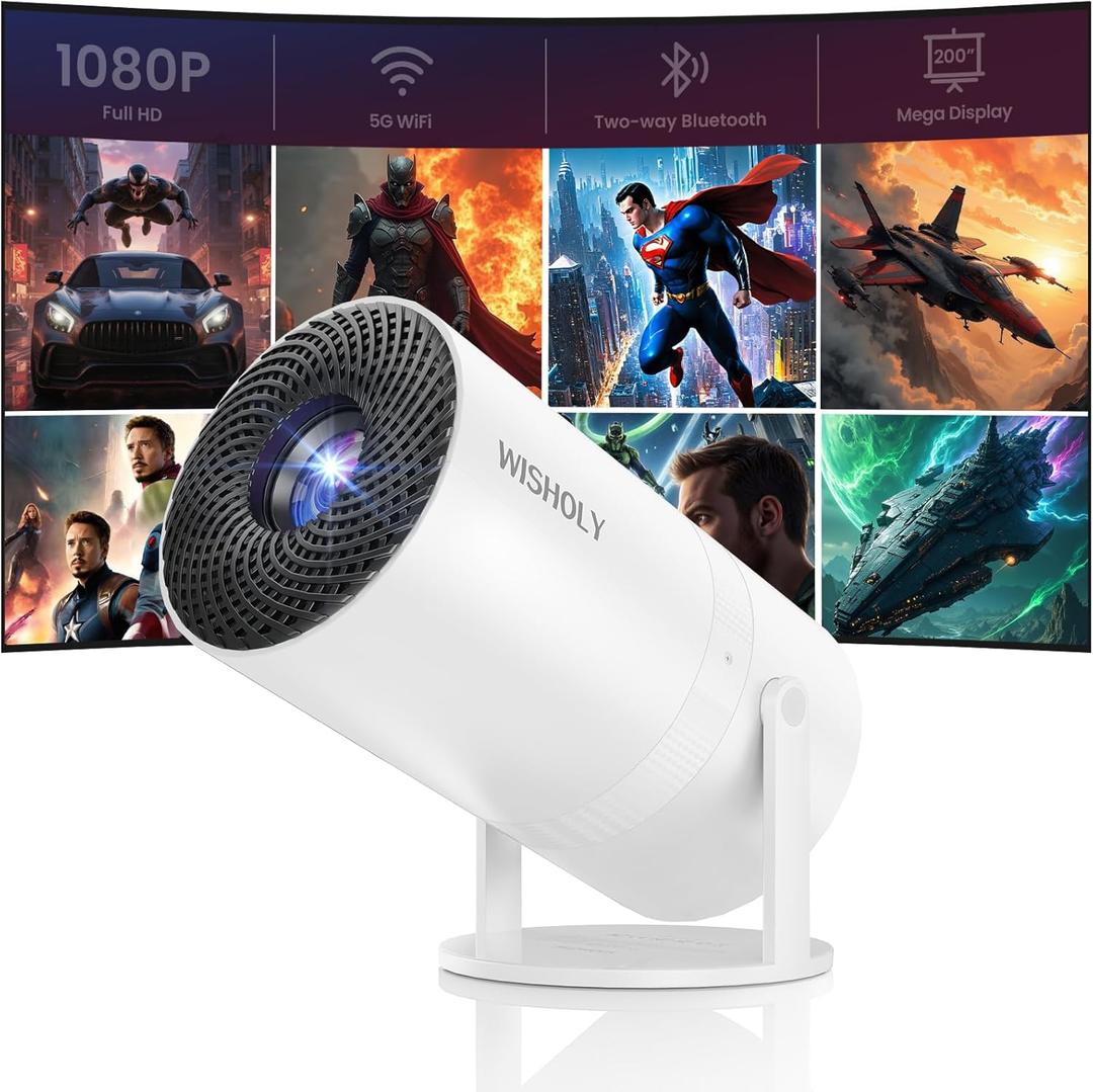 WISHOLY Mini Projector with WiFi and Bluetooth, Portable Movie Projector with 180 Rotatable, 1080P HD Supported, Auto Vertical Keystone, Compatible with Smartphone, TV Stick, Laptop, HDMI, USB (white)