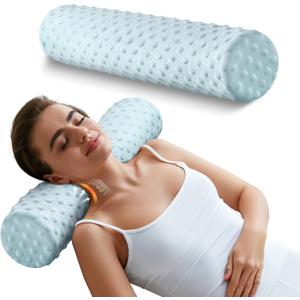 Memory Foam Round Pillow, Cervical Neck Pillow for Pain Relief, Cylinder Pillows 18"x 4", Removable Cover, Neck Roll Pillow for Sleeping, Velvet Dots, Blue