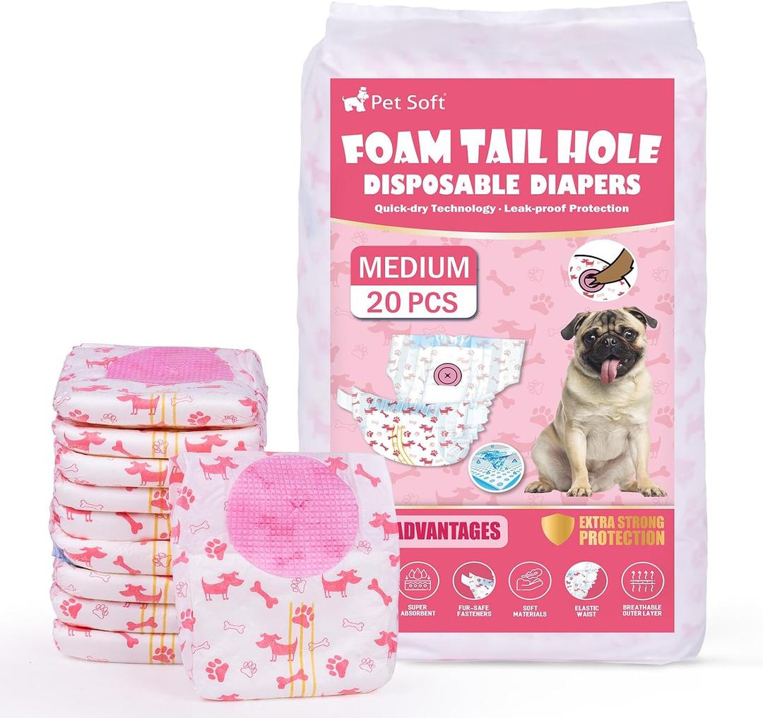 Pet Soft Disposable Dog Diapers - Female Dog Diapers with Adjustable Foam Tail Hole, Ultra Protection Puppy & Cat Diapers Wetness Indicator for Dogs in Heat or Incontinence, 20pcs (M,Red)