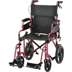 NOVA Lightweight Folding Transport Chair Aluminum Travel Wheelchair with Flip-Up Desk Arms, One-Grip Locking Handbrakes, 8 Front & 12 Rear All-Terrain Wheels Supports Adults Up to 300 lbs Red