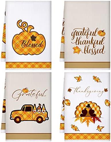 Bencailor 4 Pcs Thanksgiving Kitchen Towels Fall Dish Hand Towels Pumpkin Turkey Tea Washcloths for Thanksgiving Fall Autumn Kitchen Bathroom Decor Gifts(White, Orange,Pumpkin)