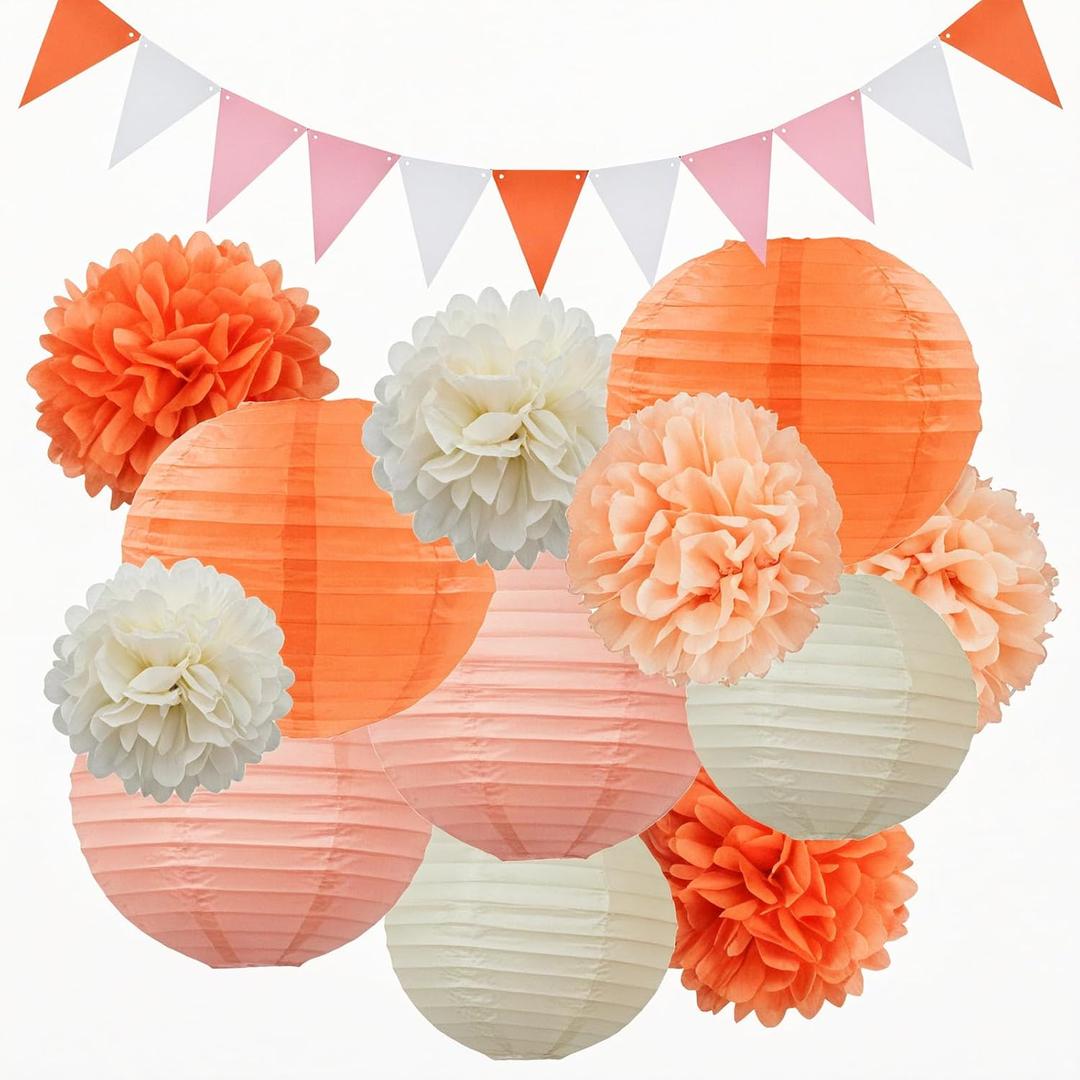 AimtoHome Carrot Party Decorations 27PCS Kit - Paper Pom Poms Lanterns Pennant Banner for Boho Birthday Party Baby Showers Wedding Halloween Fall Decor aperol Spritz (Orange/Peach/Beige)