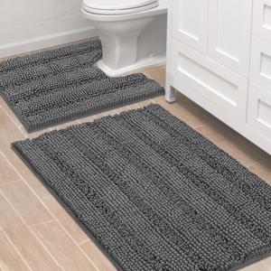 H.VERSAILTEX Bathroom Rugs Bath Rug Set 2 Piece Bathroom Contour Rug Toilet Mat Sets Non Slip Contour Bath Rug Ultra Thick Water Absorbent Striped Bath Mats Washable(36" x 24" Plus 20" x 24" U, Grey) 