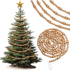 27 ft Long Christmas Wood Bead Garland 3 Pcs 9 ft Wood Christmas Tree Garland Decoration Vintage Beaded Garlands for Xmas Wedding Holiday Farmhouse Home Boho Decor (Gold)