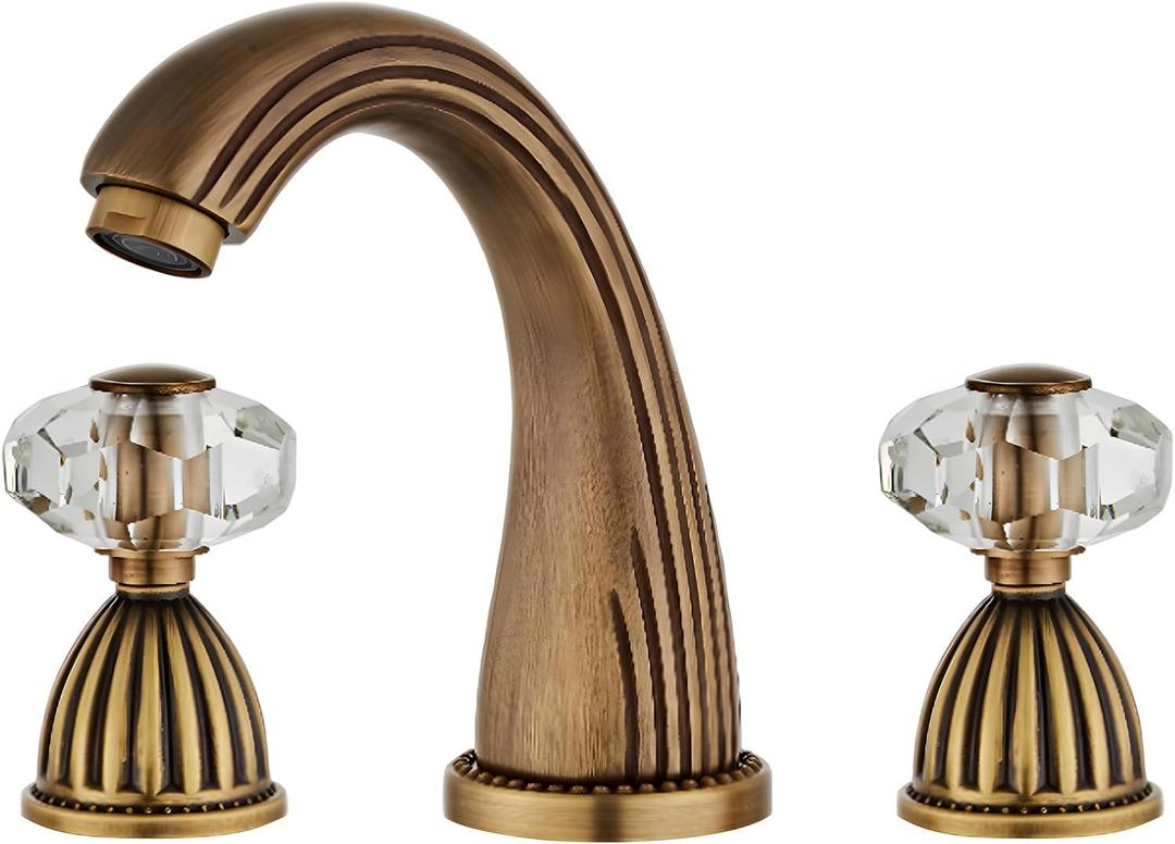 Antique Brass Bathroom Faucet Gold Three Holes Widespread Crystal Handle Bathroom Sink Faucets Retro Vintage Lavatory Vanity Faucet (Type 2 Brass)