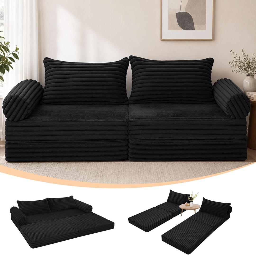 MeMoreCool Convertible Sofa Bed Queen, Corduroy Folding Couch Bed, Black, 80" Queen
