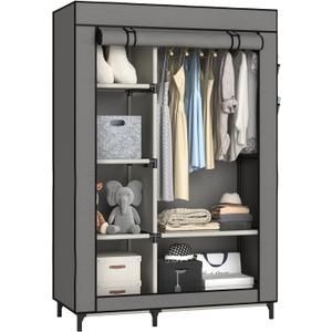 Buzowruil Portable Closet Wardrobe - 6-Shelf Storage with Hanging Rail, Non-Woven Fabric, Dust-Resistant, Easy Assembly, Space-Saving Design, Grey (43in)