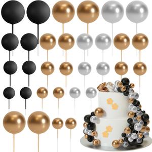 ASTARON 32 Pcs Ball Cake Topper Decorations Mini Balloons Cake Topper Sticks Foam Balls Cake Picks for Graduation Wedding Party Birthday Cake Decorations (Gold Silver Black)
