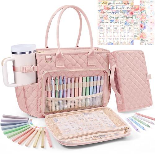 Large Bible Bag with Bible Cover Case for Women, Quilted Church Tote Bag Carrying Case w/Shoulder Strap, Bible Study Supplies Journaling Kit Accessories Easter Mothers Day Christian Gift for Women Mom