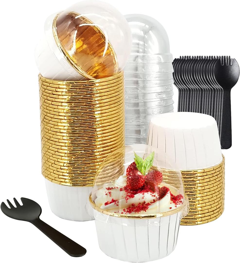 5.5 Oz Foil Cupcake Tins Baking Cups, Disposable Ramekins Muffin Tins, Large Cupcake Cups with Spoons-White in Gold 50pack