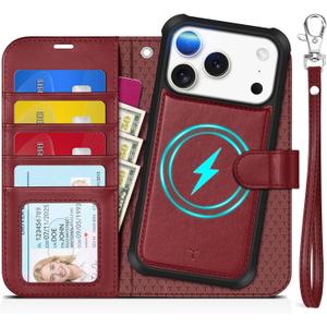 TUCCH Detachable Case Wallet for iPhone 17 Pro (6.3") 2025, Wrist Strap | 4 Card Holders RFID Blocking | Wireless Charging | Stand | 2-in-1 Magnetic | PU Leather | Shockproof Folio Cover | Dark Red