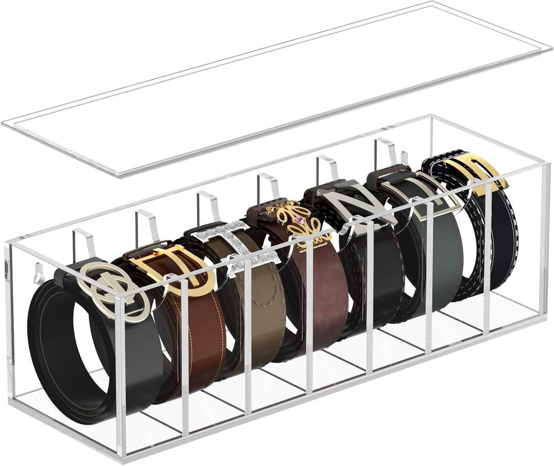 FEMELI Belt Organizer, Acrylic Belt Storage for Closet with Dust Cover, 7 Compartments Belt Container Display Holder for Drawer, Clear Belt Tie Case for Women Men Home