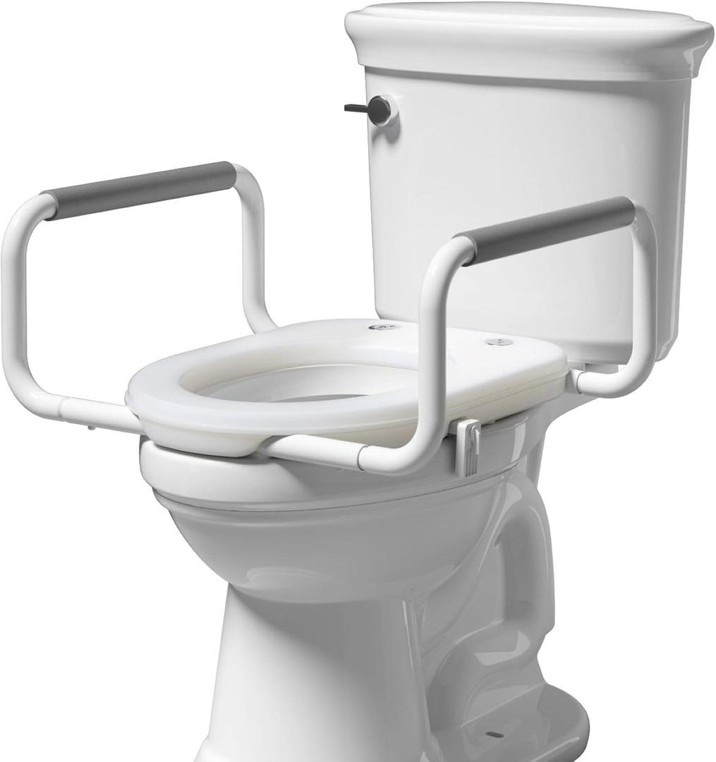 R&T 2" Toilet Seat Riser with Handles Comfortable Raised Toilet Seat for Seniors, Fits for Elongated Toilets, Elevated Seat with Soft Grey Padded Arms for Bathroom