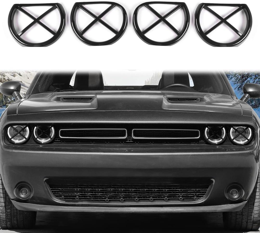 Voodonala for Challenger Headlight Headlamp Lampshade Accents Enhancements Cover Bezels Ring Cover Trim for 2015-2025 Dodge Challenger Exterior Accessories Black ABS