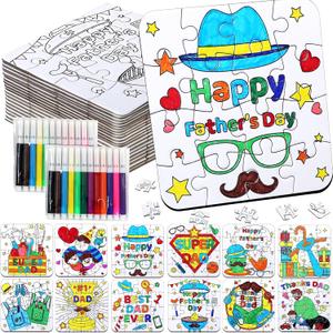 24 Set Fathers Day Crafts for Kids Toddlers Classroom Bulk, Father's Day Arts DIY Jigsaw Puzzle with Shirt Hat Tool, June Best Dad Activities for School Gifts Coloring Games Paper Toy projects