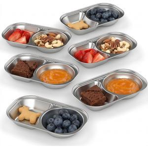 Bakpoco Stainless Steel Toddler Plates Set of 6, 2-compartment Kids Plates for Snack Portion Control, Small Divided Plate for Baby Feeding & Adults Camping, Non-toxic Dishwasher Safe Metal Dish, 8.6"x5" - 6PCS