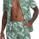 CRYSULLY Mens Hawaiian Two Piece Matching Sets Summer Vacation Beach Outfits Tropical Cruise Button Down Shirts and Shorts (X-Large, Green & White Leaf)